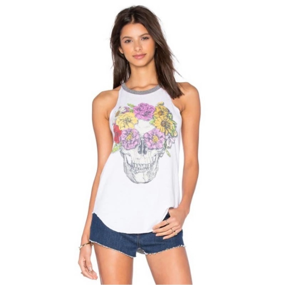 Chaser Skull and Flower White Tank Top